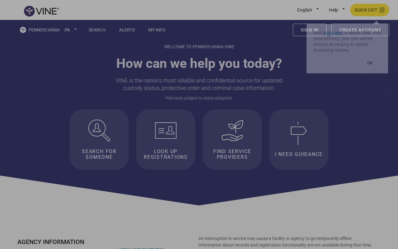 Clinton County VINELink inmate search and release notification screen